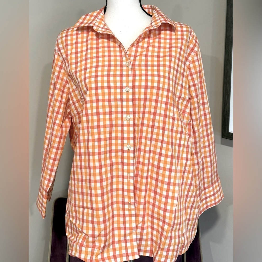 Lands End Women’s No Iron Orange/Red Button Up Blouse